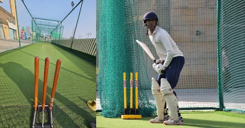 Box cricket game being played in a netted enclosure in Delhi NCR
